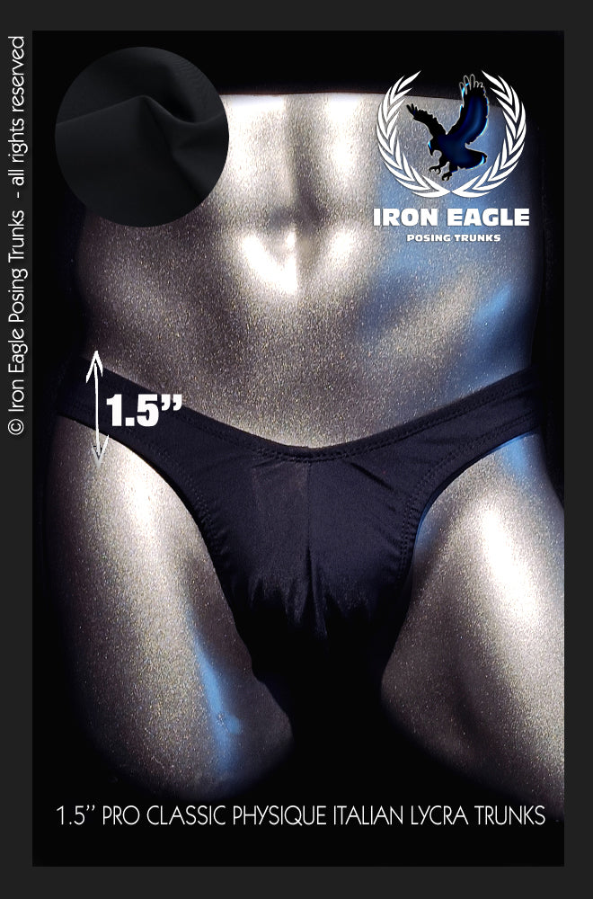 Black Italian satin Lycra posing trunks with a sleek 1.5-inch waistband and high-cut legs. - Pro Classic Physique Trunks - 1.5'' Black Italian Satin Lycra - Small