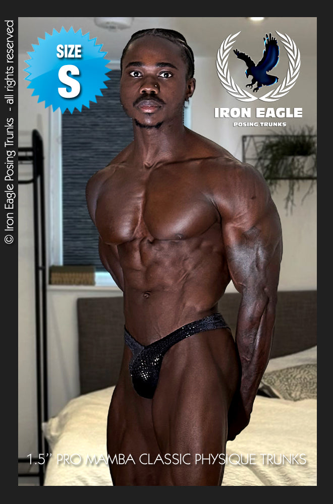Muscular bodybuilder wearing black velvet posing trunks with a narrow 1.5-inch waistband. - Pro Classic Physique Trunks - 1.5'' Black Mamba Velvet - Small