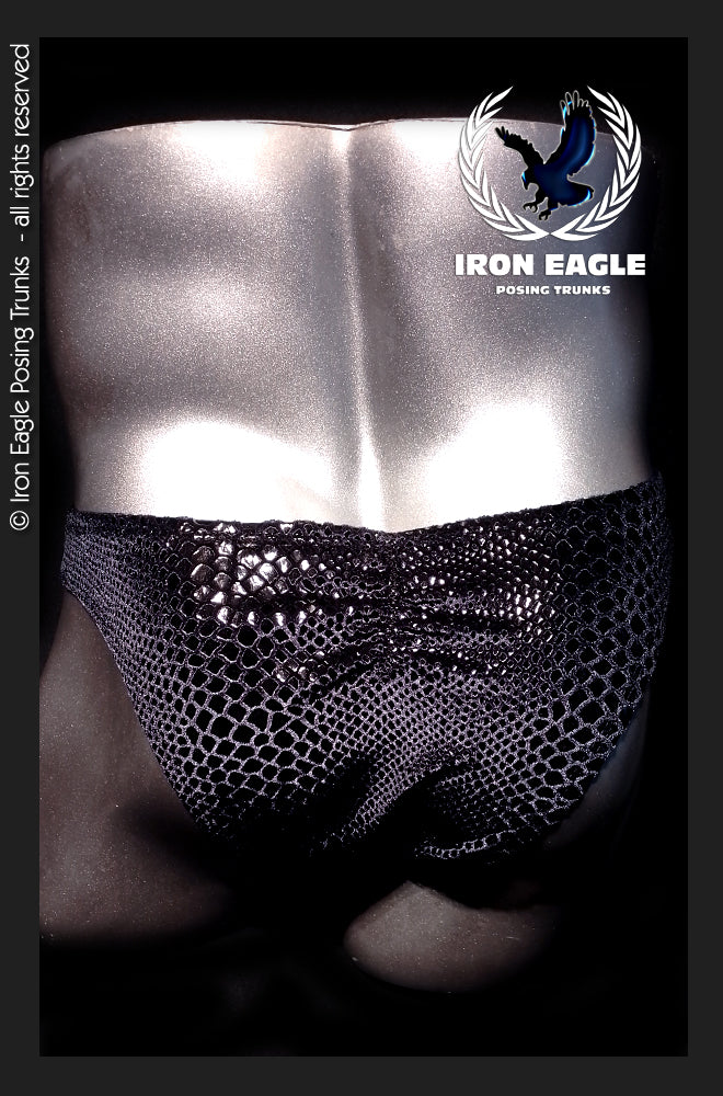 Black Mamba velvet posing trunks with a glossy black reptile-scale pattern and 1.5-inch sides. - Pro Classic Physique Trunks - 1.5'' Black Mamba Velvet - Small