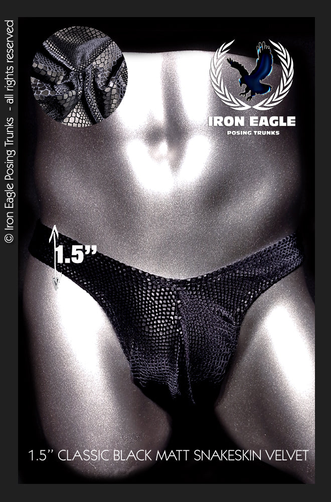 Black matte snakeskin posing trunks with a 1.5-inch waistband and textured fabric. - Iron Eagle 1.5'' Black Matt Snakeskin Classic Physique Trunks - Small