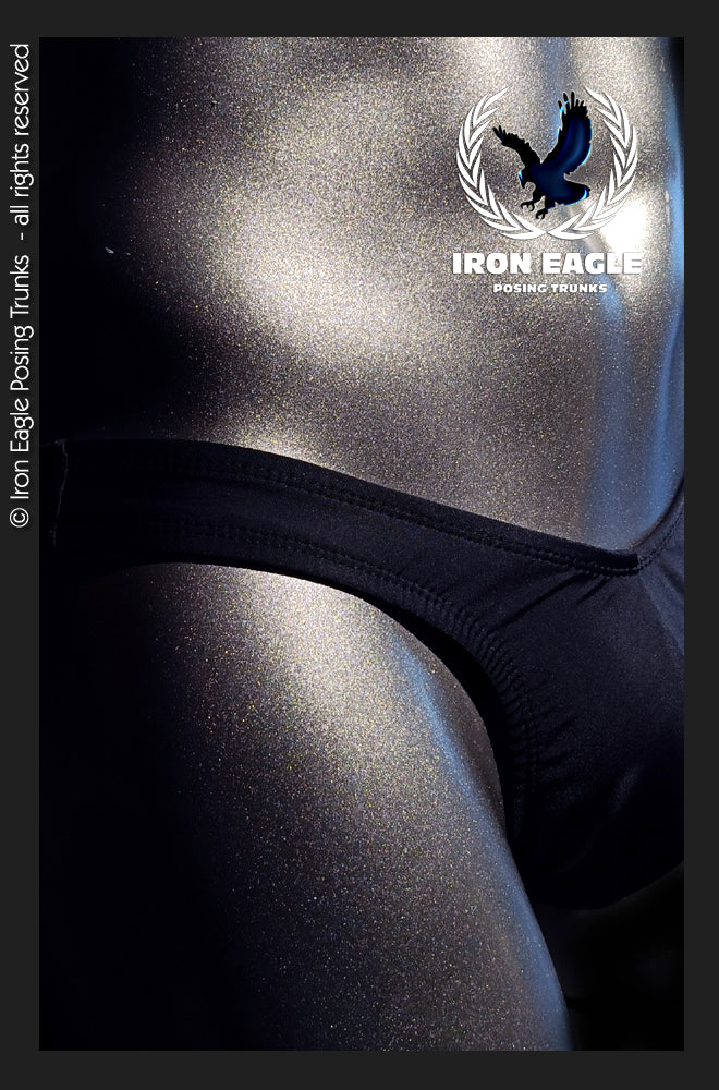 Black Italian satin Lycra posing trunks with a sleek 1.5-inch waistband and fitted cut. - Pro Classic Physique Trunks - 1.5'' Black Italian Satin Lycra - Small