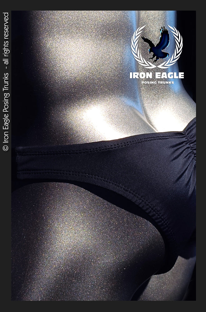 Black satin Lycra posing trunks with a narrow 1.5-inch waistband and smooth, contoured fit. - Pro Classic Physique Trunks - 1.5'' Black Italian Satin Lycra - Small