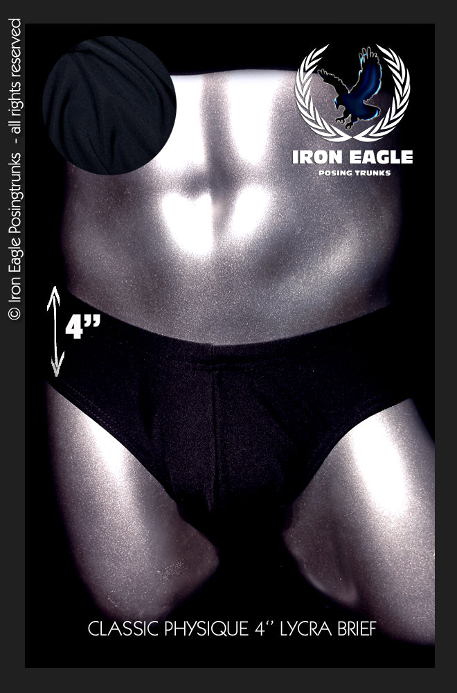 Black Italian Lycra posing trunks with a classic 4-inch cut and smooth, shiny finish. - Classic Physique Briefs - 4'' Black Italian Lycra - Small