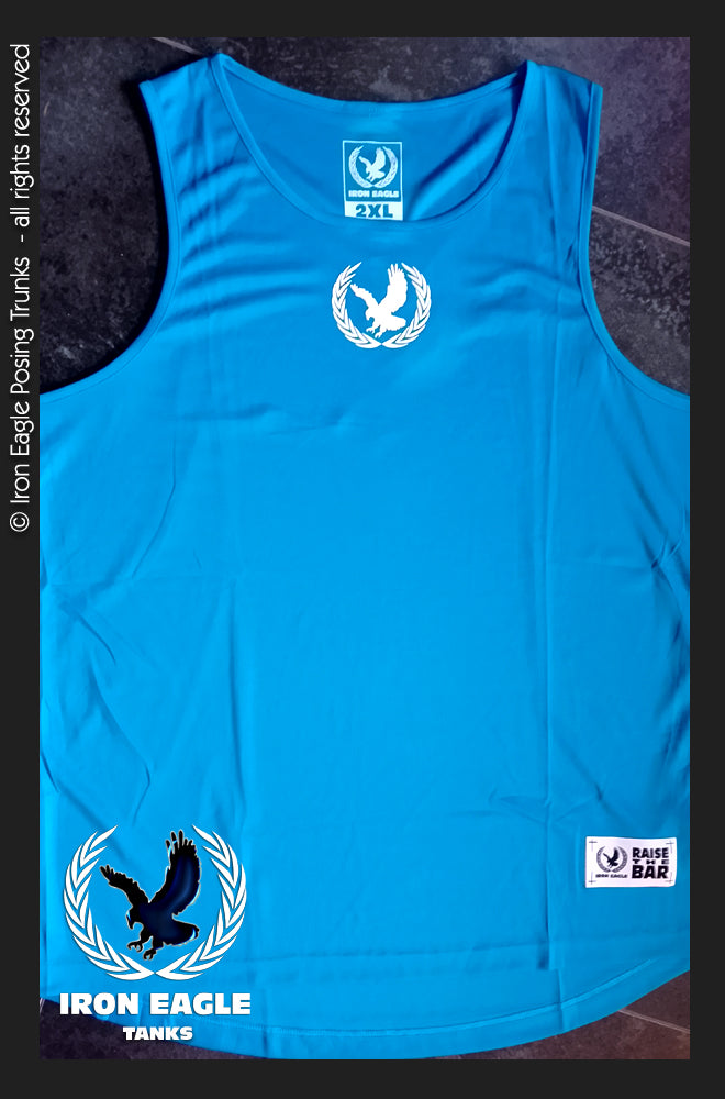 Aqua blue Iron Eagle training tank with white eagle and laurel graphics and a scoop neckline. - Iron Eagle Training Tank - Aqua - S