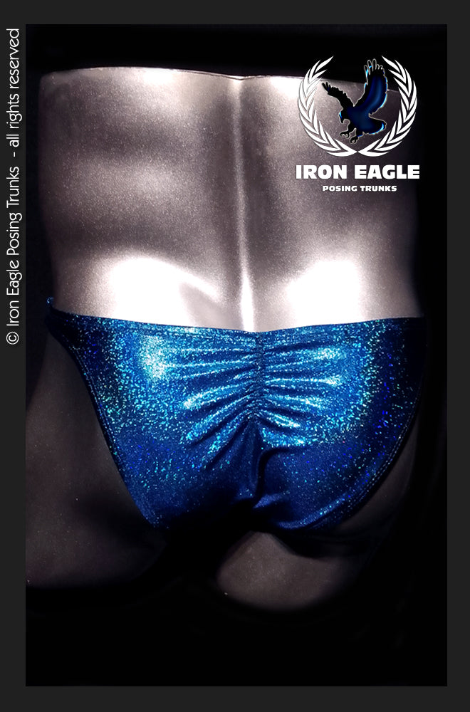 Blue holographic bodybuilding posing trunks with a gathered front and silver waistband. - Iron Eagle Amazon Hologram Posing Trunks - Premier / S / With