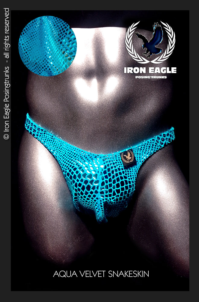 Aqua blue snakeskin velvet posing trunks with a contoured front and wide waistband. - SAMPLE SALE - Aqua Snakeskin Velvet (Flex/L) - Flex / L / With