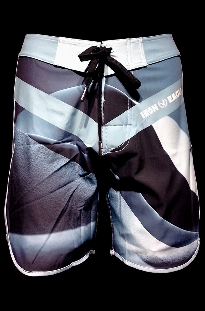 Men’s posing trunks with a black, white, and gray abstract pattern, white waistband, and black drawstring. - - Avalanche - 15'' LR - 28'' (*actual waistband length 29'')