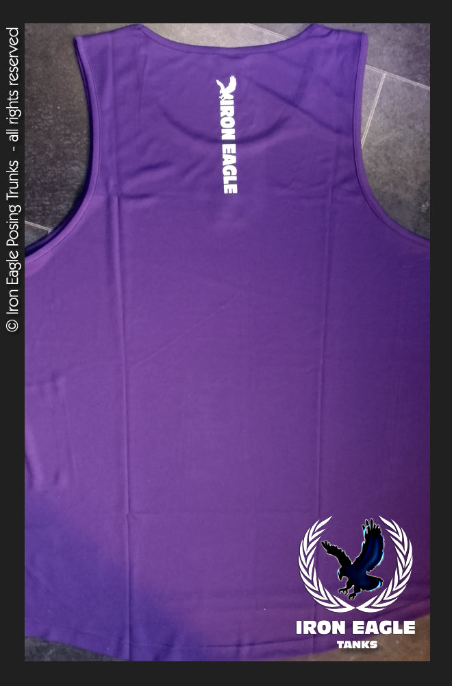 Purple Iron Eagle sleeveless training tank with a crew neck and white eagle logo; posing trunks not shown. - Iron Eagle Training Tank - Purple - S