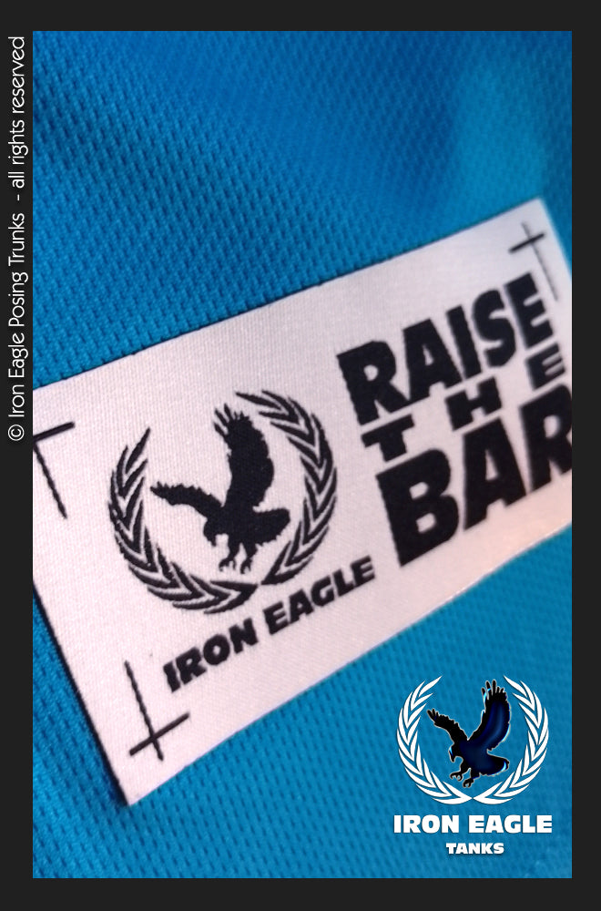 Aqua Iron Eagle fabric tag with black eagle logo and “Raise the Bar” slogan. - Iron Eagle Training Tank - Aqua - S