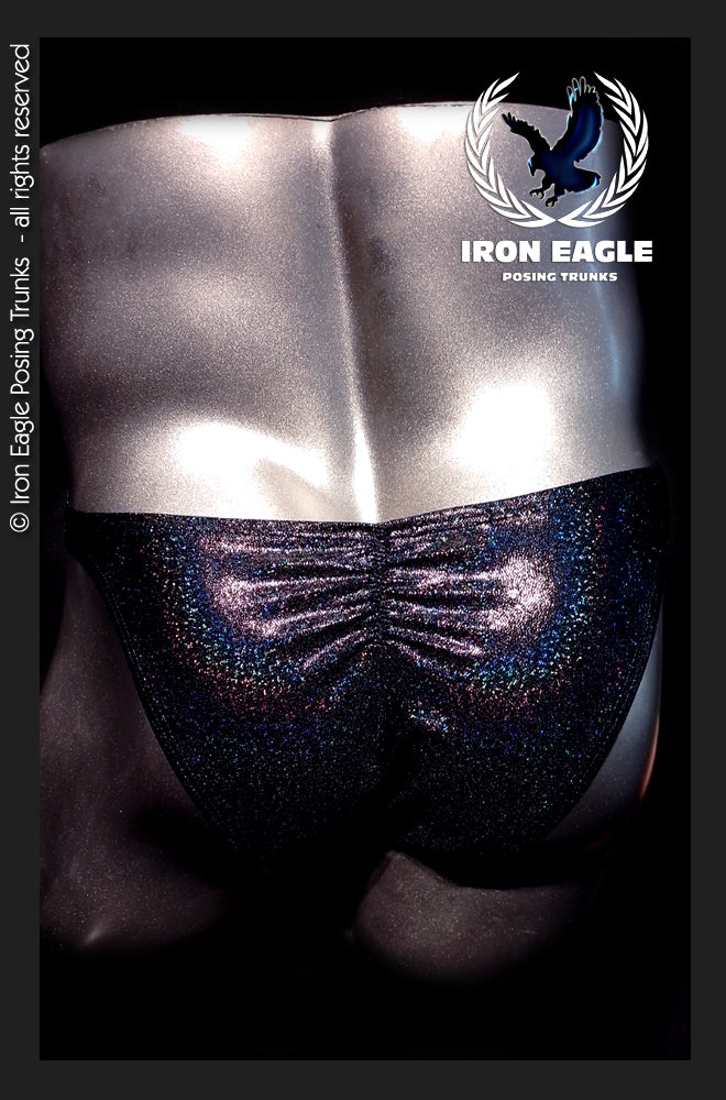 Black holographic posing trunks with a ruched front and shimmering iridescent finish. - Black Hologram Mystique - Premier / S / With