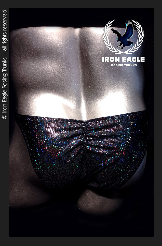 Black shimmering bodybuilding posing trunks with a sparkling, iridescent front panel. - Black Dazzle Mystique - Premier / S / With
