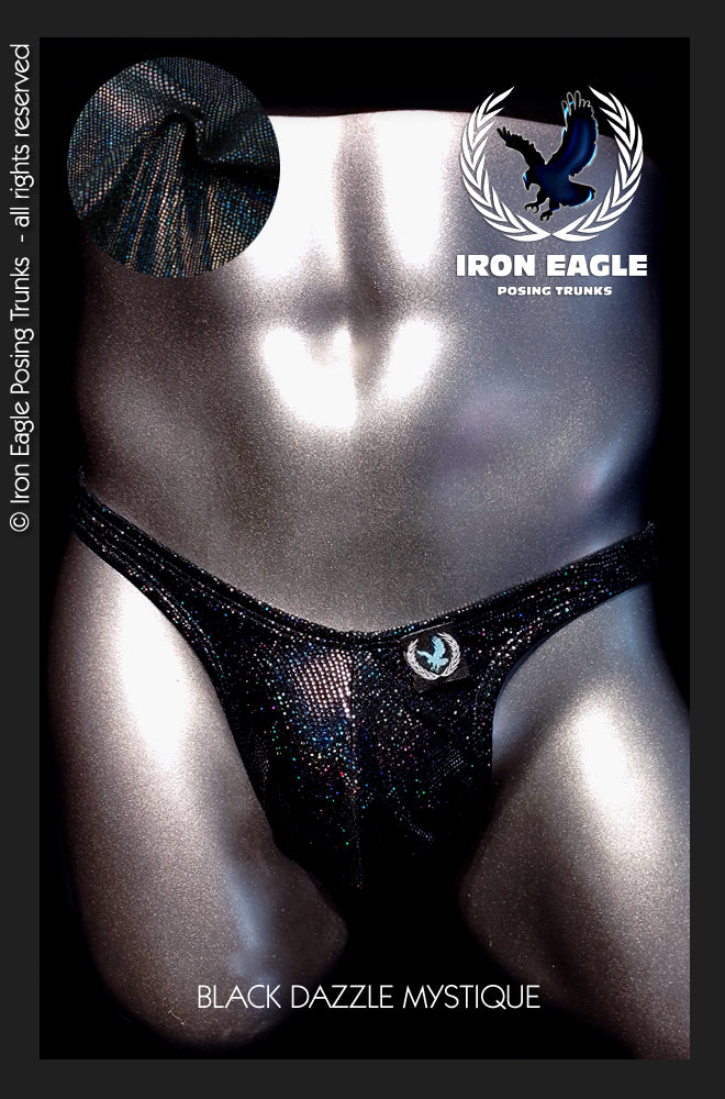 Black glitter posing trunks with a sleek, high-cut fit and small Iron Eagle emblem. - Black Dazzle Mystique - Premier / S / With