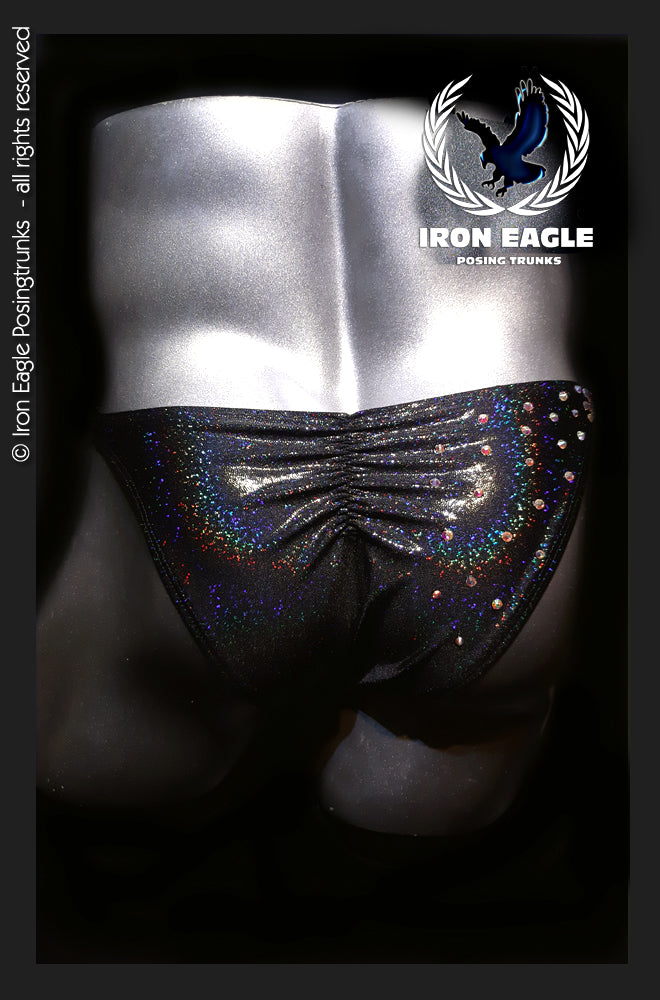 Black crystallized posing trunks with a ruched front and multicolor holographic sparkle. - Crystallized Black Hologram Mystique - Premier / S / With