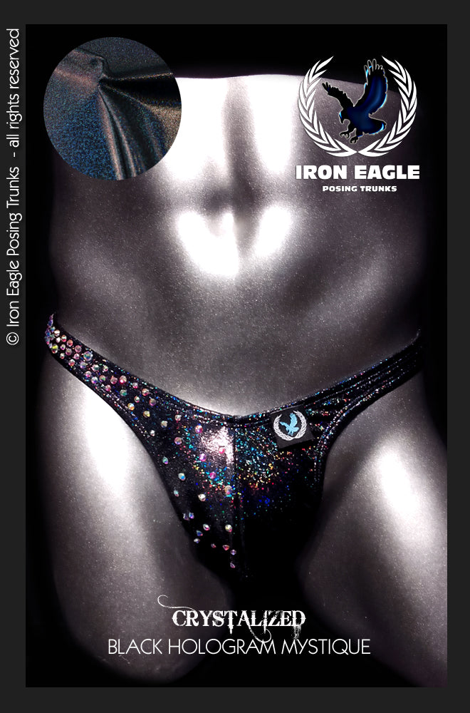 Black hologram posing trunks with a sparkling crystallized finish and multicolored jeweled waistband. - Crystallized Black Hologram Mystique - Premier / S / With