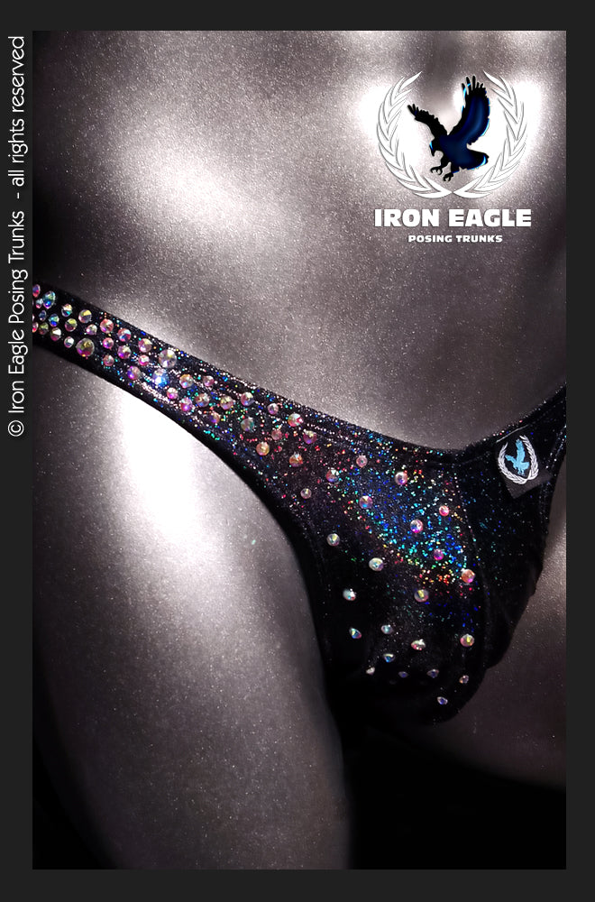 Black posing trunks with a glossy holographic finish and colorful crystal embellishments. - Crystallized Black Hologram Mystique - Premier / S / With