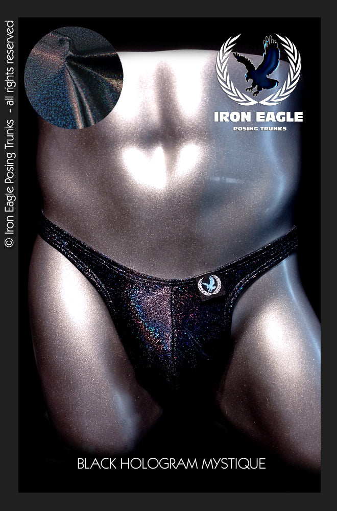 Black holographic posing trunks with a shimmering finish and contoured front panel. - Black Hologram Mystique - Premier / S / With