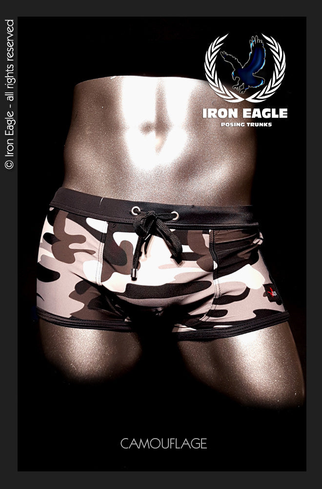 Menās low-rise camouflage posing trunks with a black waistband and front drawstring. - Low Rise Trunks - camouflage - M