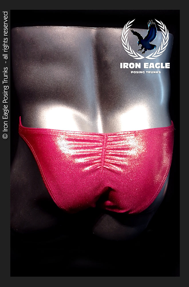 Shimmering cerise red posing trunks with a gathered front waistband and high-cut competition fit. - Cerise Copper Mystique - Premier / S / With