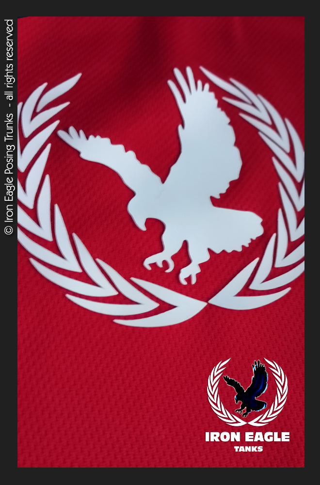 Fire-red textured Iron Eagle training fabric featuring a bold white eagle and laurel graphic. - Iron Eagle Training Tank - Fire Red - S