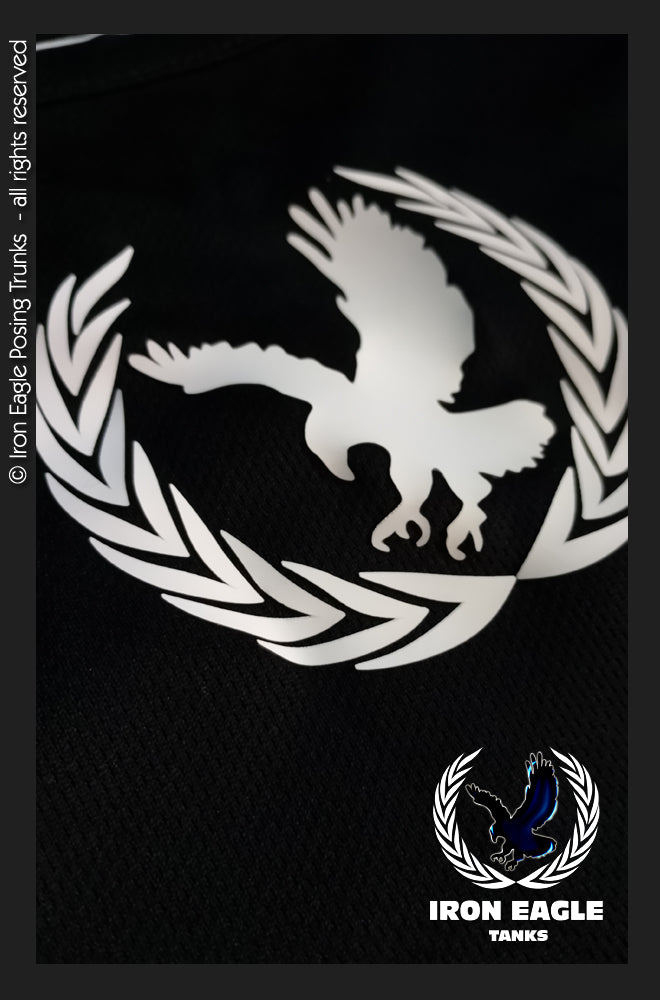 Black Iron Eagle training tank with a white eagle and laurel graphic; posing trunks not shown. - Iron Eagle Training Tank - Black - S