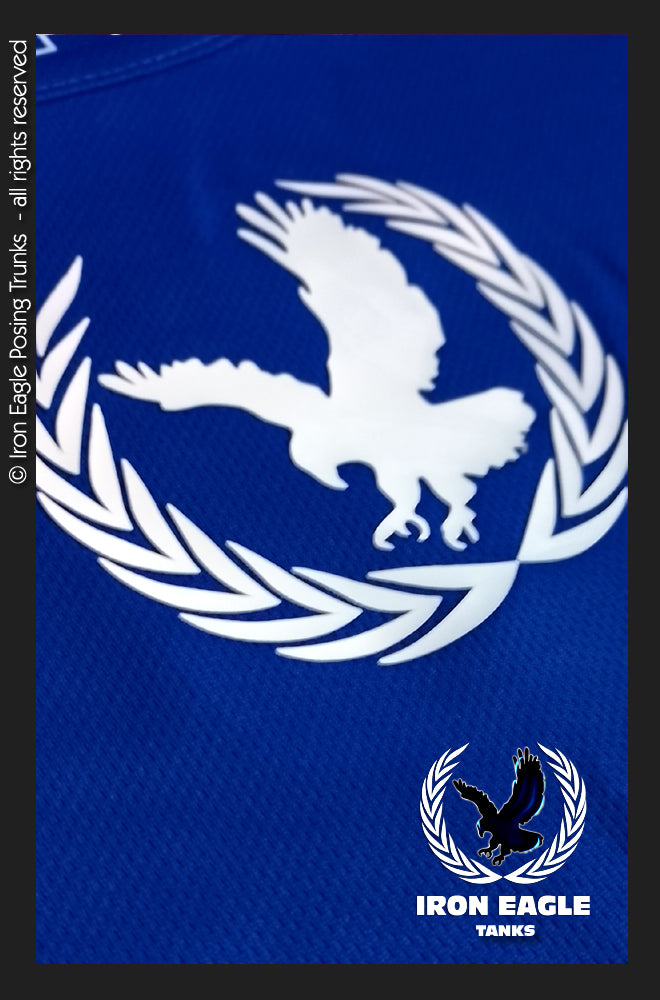 Royal blue textured fabric with a large white eagle crest and laurel wreath; Iron Eagle logo below. - Iron Eagle Training Tank - Royal Blue - S