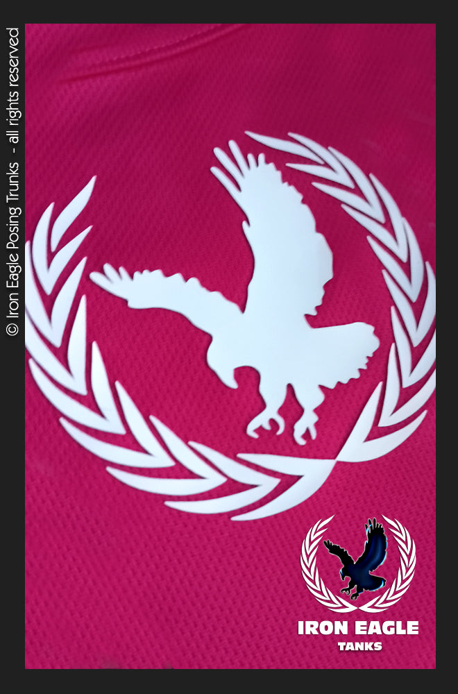 Cerise textured posing trunks fabric with a bold white eagle and laurel emblem and Iron Eagle logo. - Iron Eagle Training Tank - Cerise - S