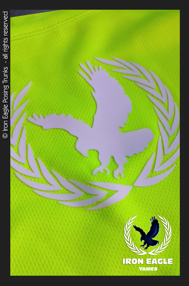 Flo yellow mesh training fabric featuring a silver eagle crest and Iron Eagle logo. - Iron Eagle Training Tank - Flo Yellow - S
