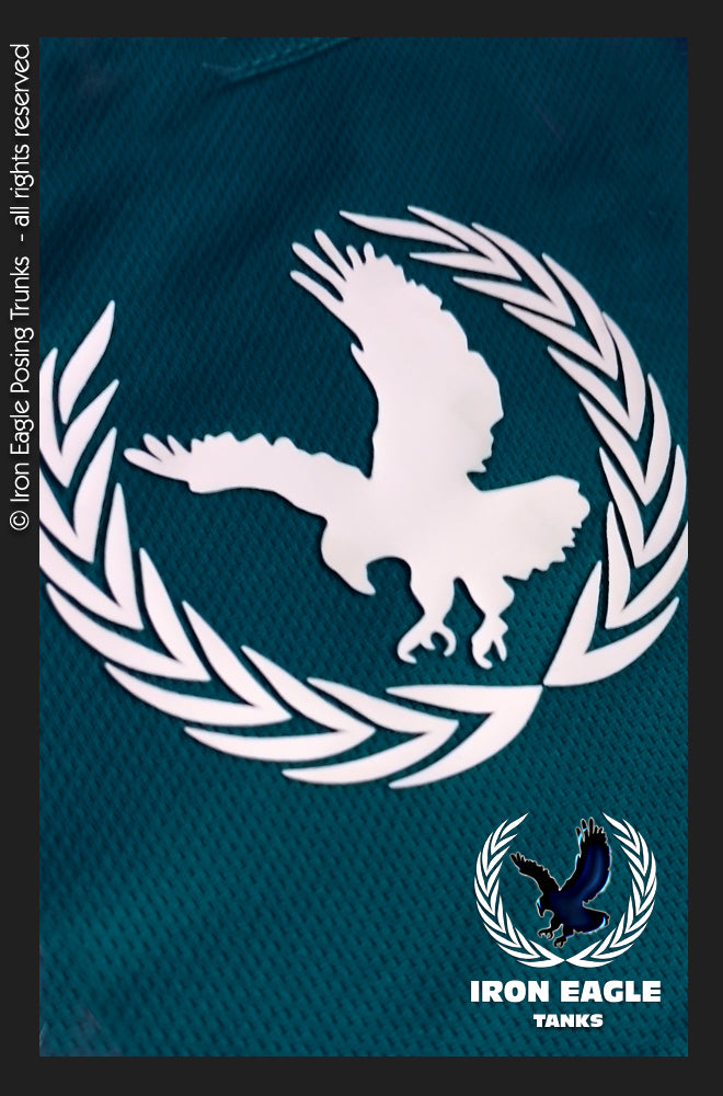 Teal textured Iron Eagle training tank graphic with a bold white eagle and laurel emblem. - Iron Eagle Training Tank - Teal - S