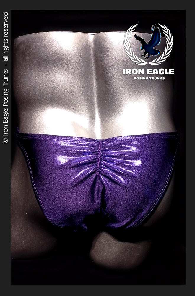 Metallic purple posing trunks with a ruched front and narrow silver waistband. - Delphinium Mystique - Premier / S / With