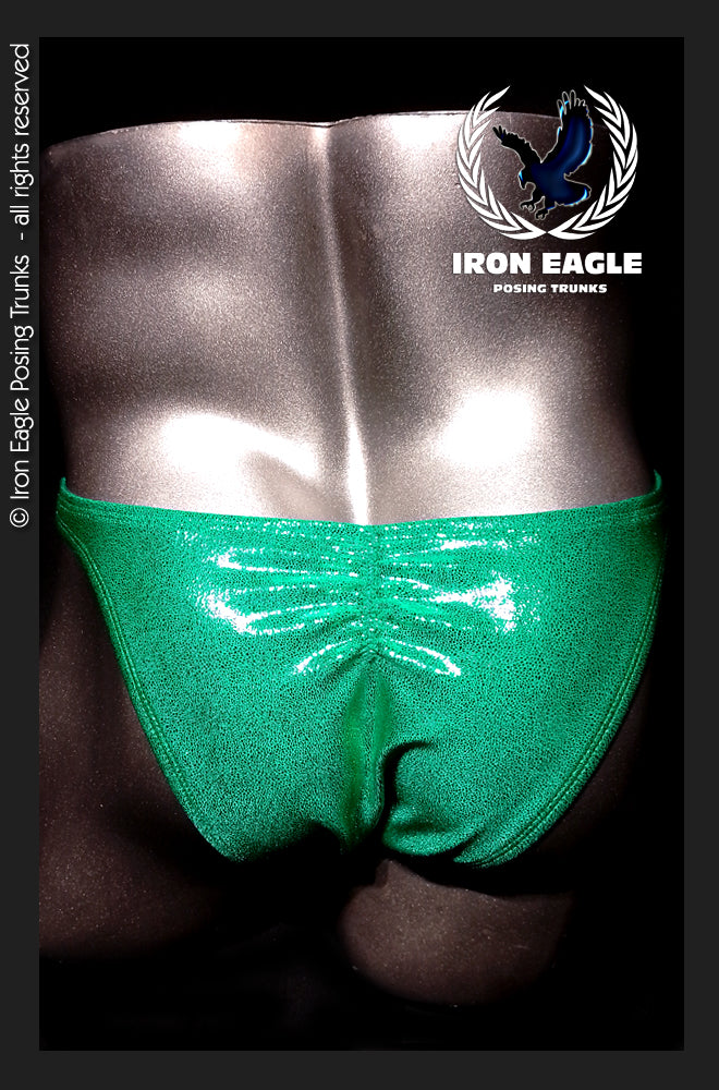 Shimmering emerald green posing trunks with a gathered front and glossy finish. - Emerald Glaze - Premier / S / With