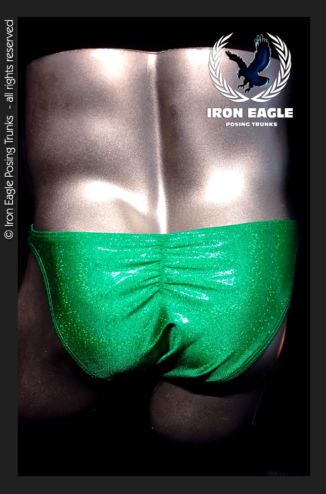 Shimmering emerald green posing trunks with a ruched front and holographic finish. - Emerald Hologram Mystique - Premier / S / With
