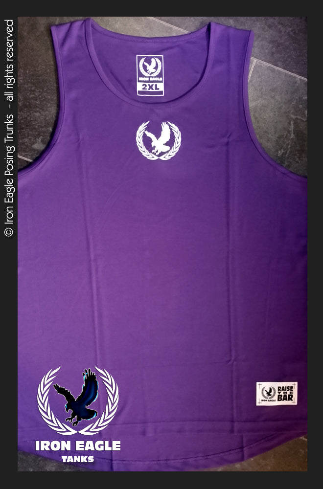 Purple Iron Eagle bodybuilding tank top with a sleeveless cut and white chest emblems; posing trunks sold separately. - Iron Eagle Training Tank - Purple - S