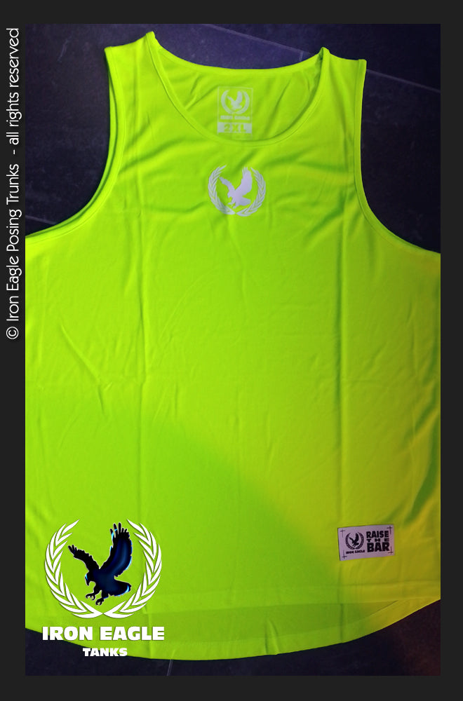 Flo yellow sleeveless training tank with Iron Eagle graphics and a curved hem; no posing trunks visible. - Iron Eagle Training Tank - Flo Yellow - S