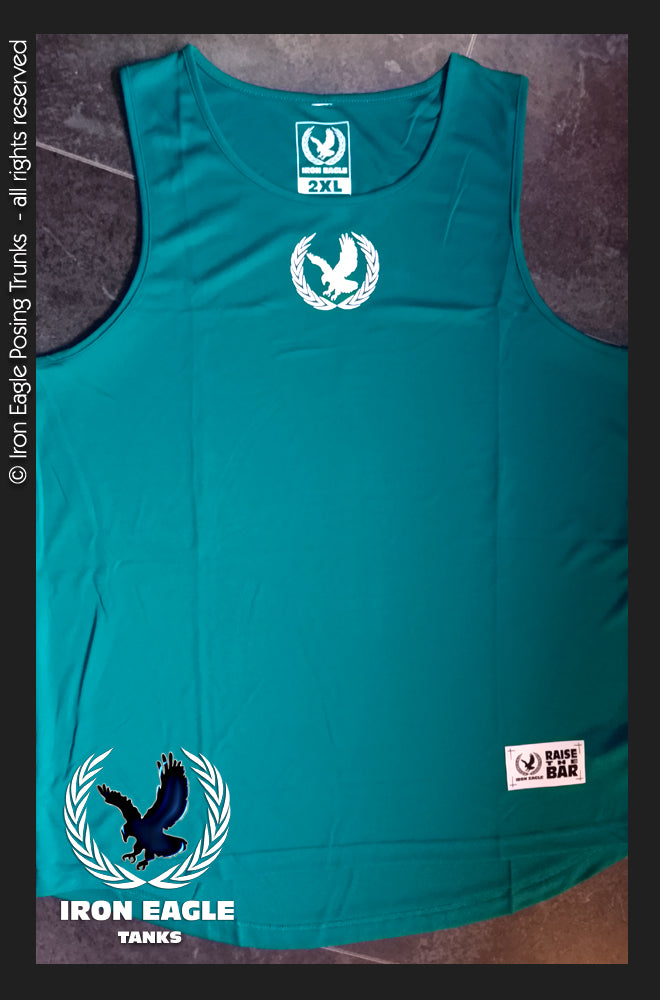 Teal Iron Eagle bodybuilding tank top with white chest emblems and a curved hem. - Iron Eagle Training Tank - Teal - S