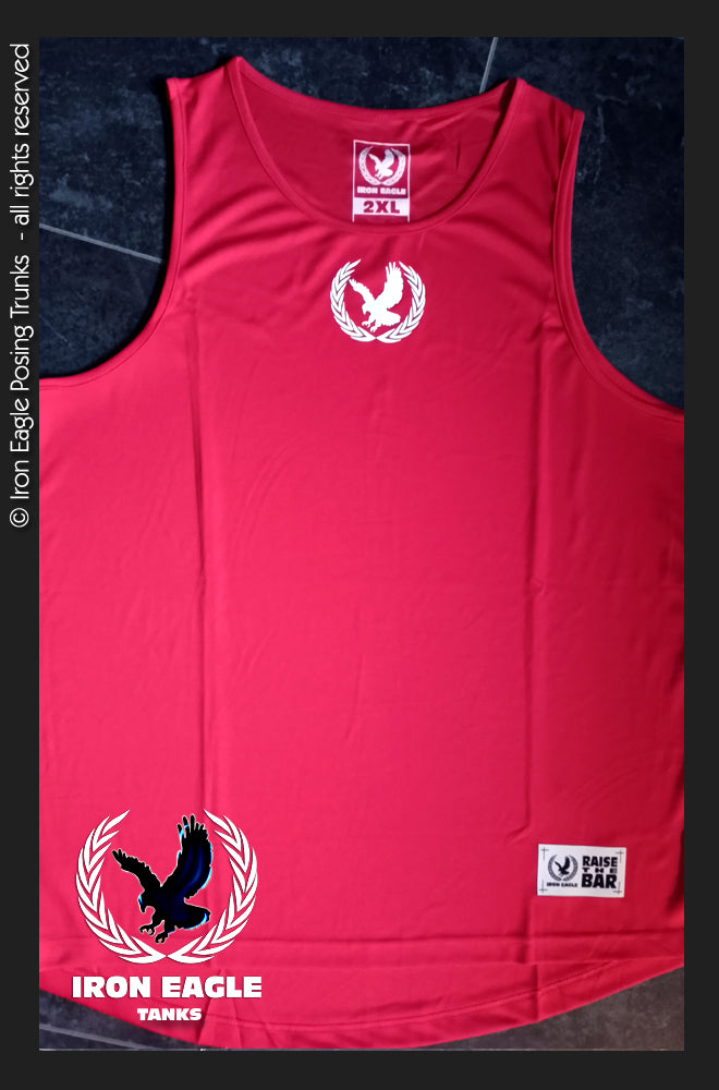Fire red Iron Eagle sleeveless training tank with white chest crest and logo patches. - Iron Eagle Training Tank - Fire Red - S