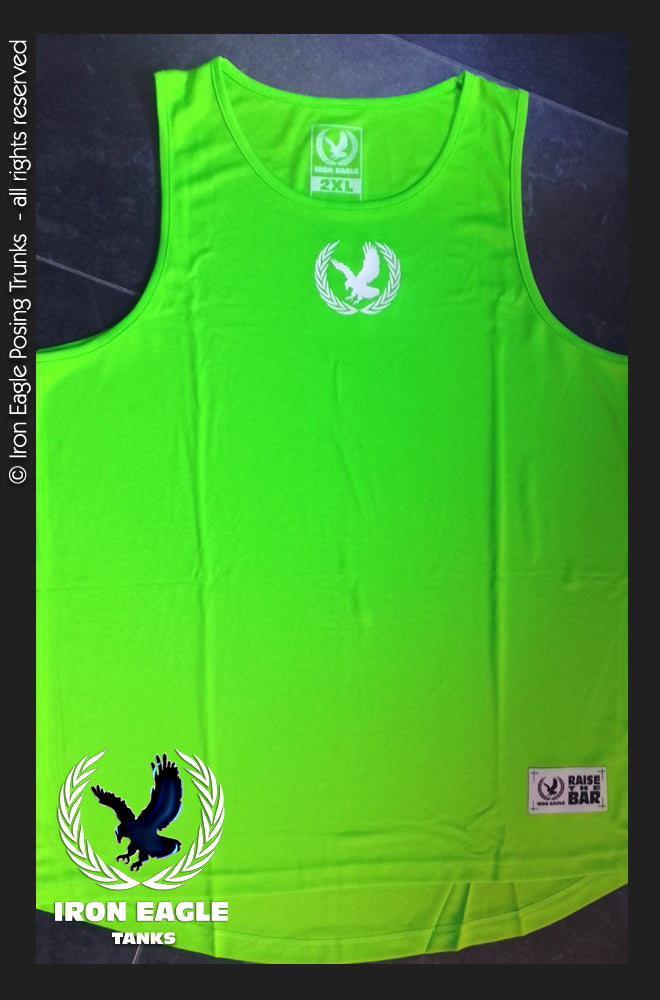Flo green Iron Eagle training tank with white chest emblem and eagle graphic near the hem. - Iron Eagle Training Tank - Flo Green - S
