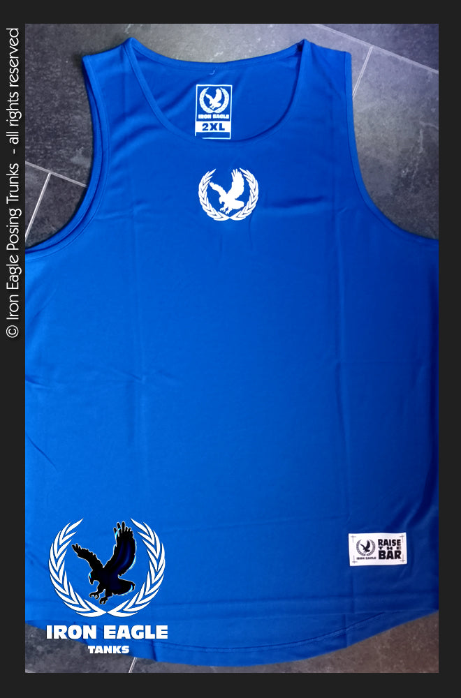 Royal blue Iron Eagle sleeveless training tank with white eagle and logo graphics on the front. - Iron Eagle Training Tank - Royal Blue - S