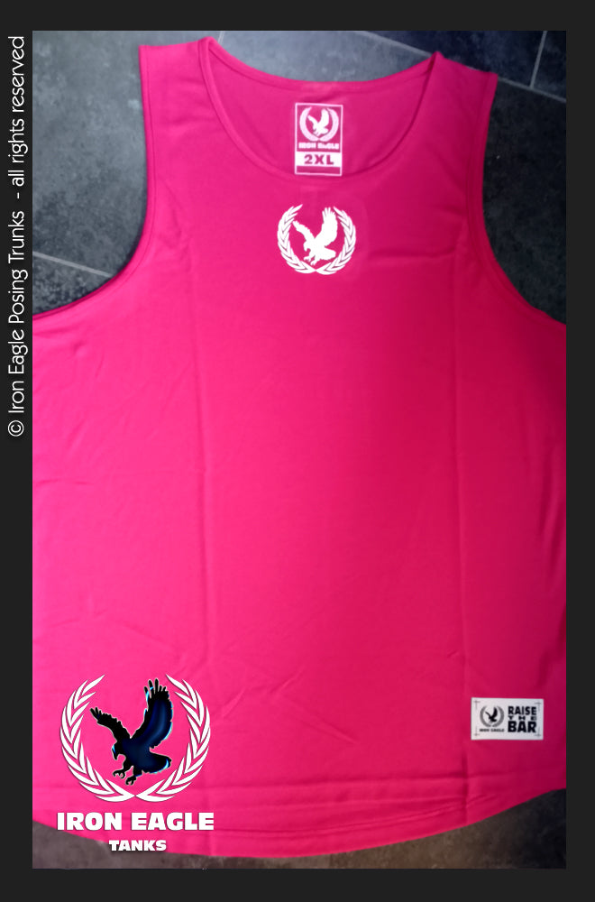 Bright cerise Iron Eagle bodybuilding tank top with white chest logo and bird graphic; posing trunks not shown. - Iron Eagle Training Tank - Cerise - S