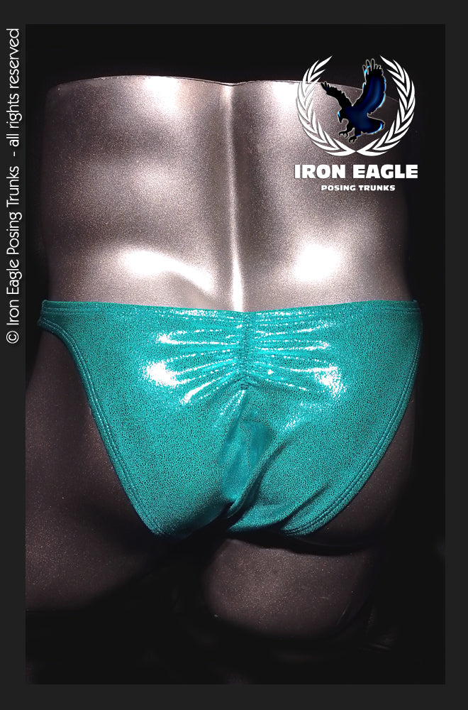 Shimmering jade green posing trunks with a glossy finish and gathered front waistband. - Jade Glaze - Premier / S / With