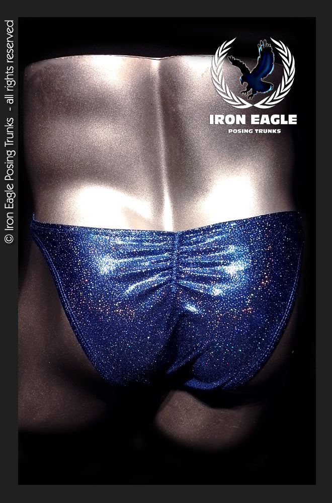 Navy blue glitter posing trunks with a ruched front and shimmering finish. - Cosmic Navy Mystique - Premier / S / With