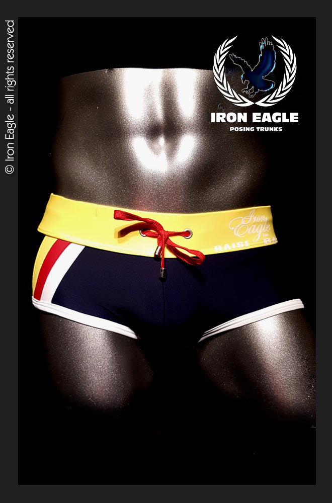 Navy posing trunks with a yellow waistband, red drawstring, and white side stripes. - Low Rise Briefs - navy/red - M / With