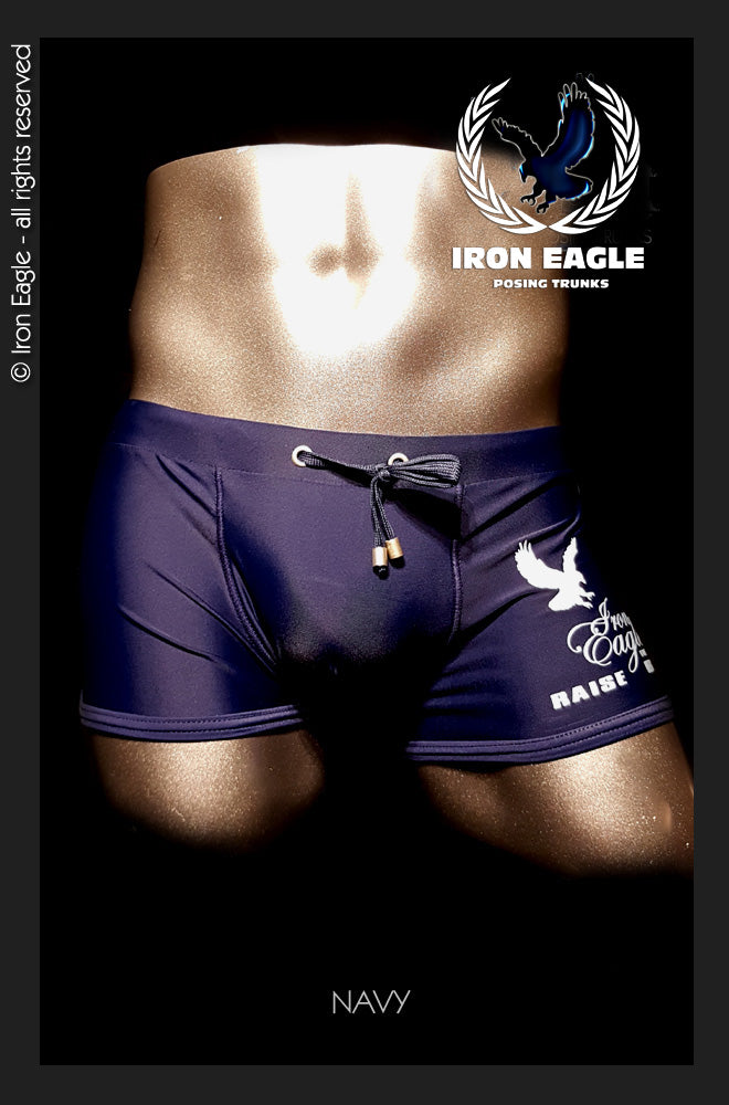 Navy low-rise posing trunks with a drawstring waist and white Iron Eagle logo detail. - Low Rise Trunks - navy - M / With
