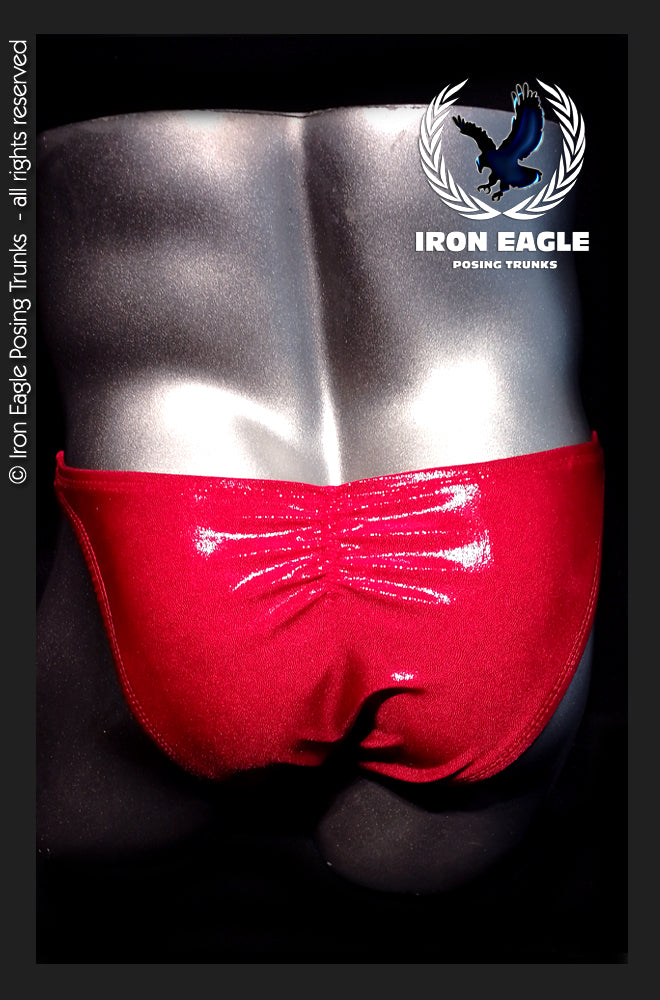 Shiny red posing trunks with a gathered front and a wide, high-cut waistband. - Red Mystique - Premier / S / With