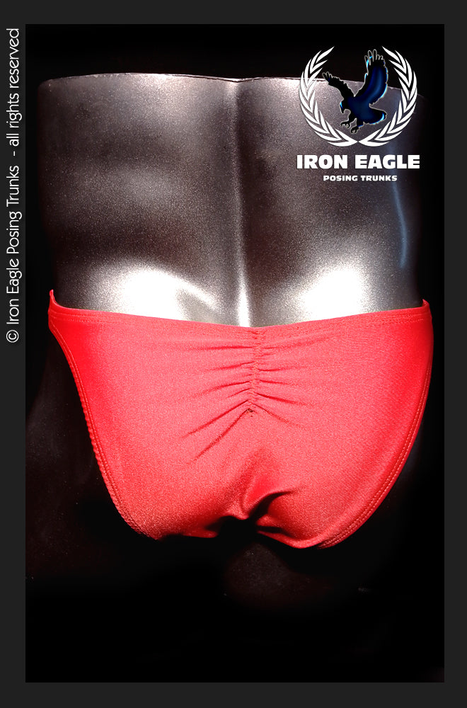 Bright red satin posing trunks with a ruched front and smooth, glossy fabric. - Red Satin Lycra - Premier / S / Without