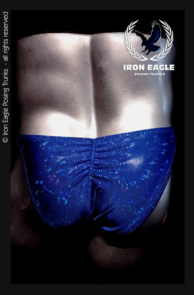 Royal blue ice chip posing trunks with a shimmering speckled finish and ruched front. - Royal Blue Ice Chip Mystique - Premier / S / Without