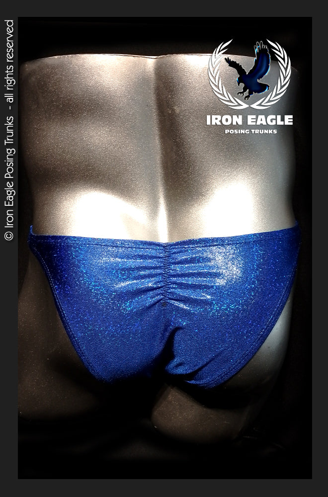 Royal blue holographic posing trunks with a ruched front and shimmering finish. - Royal Blue Hologram Mystique - Premier / S / With