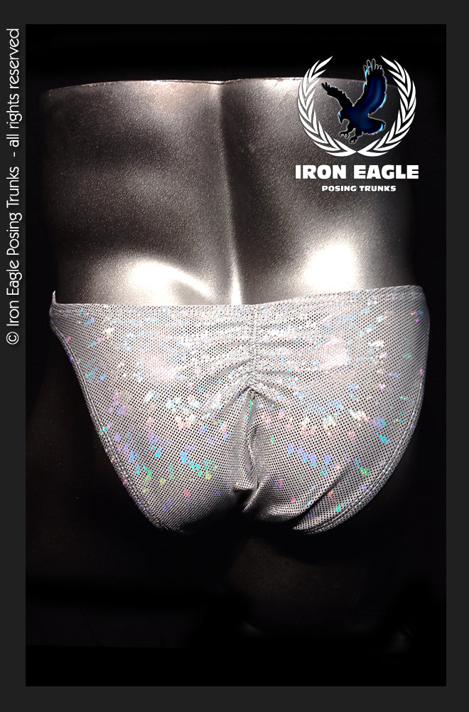 Silver ice chip posing trunks with a shimmering holographic finish and gathered front. - Silver Ice Chip Mystique - Premier / S / With