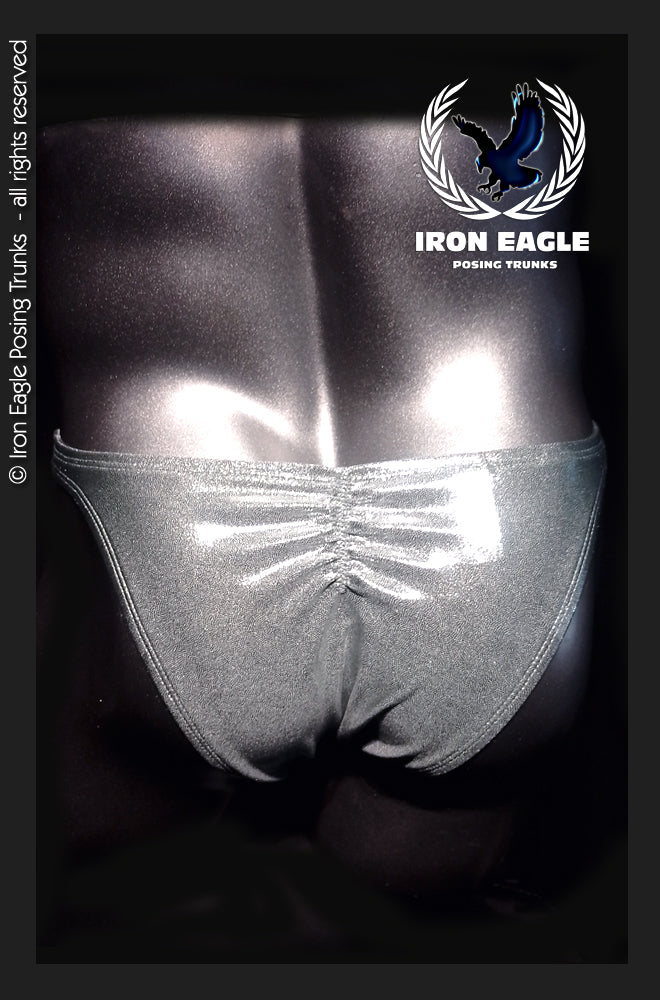 Silver-grey Mystique posing trunks with a reflective finish and ruched center front. - SAMPLE SALE - Silver Grey Mystique (Premier/M) - Premier / M / With