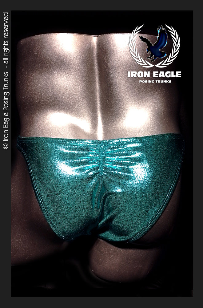 Men’s teal metallic posing trunks with a glossy glaze and gathered front waistband. - SAMPLE SALE - Teal Glaze (Premier/M) - Premier / M / With