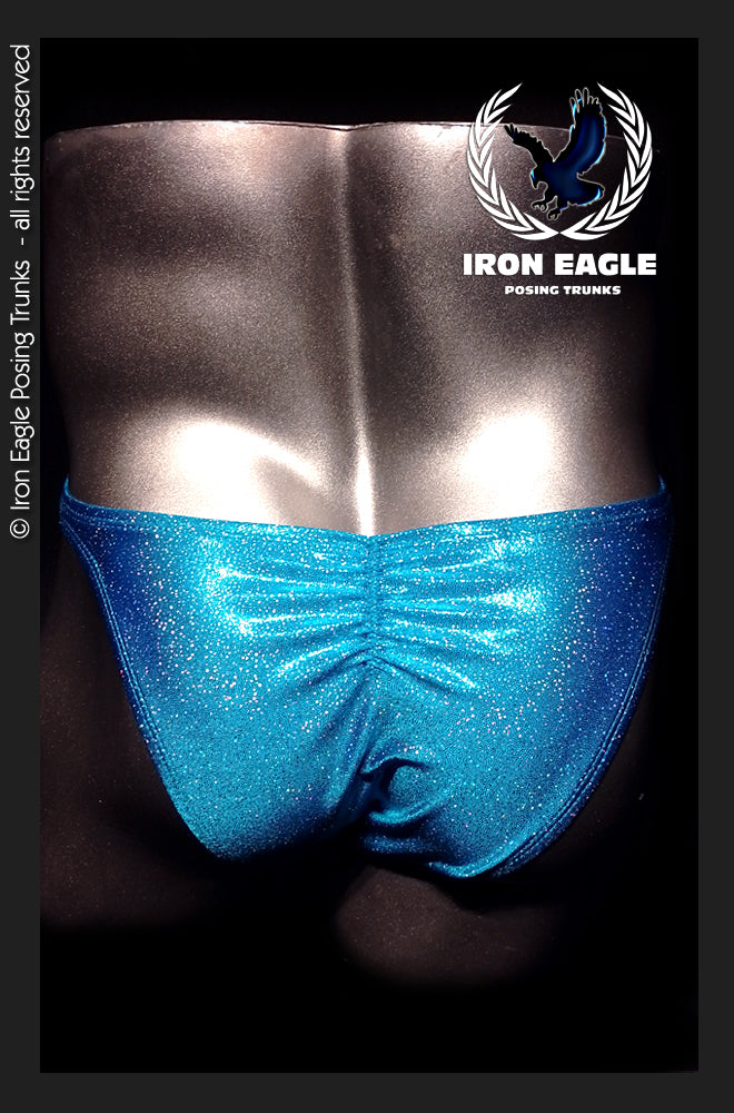 Shimmering turquoise posing trunks with a gathered front and sparkling mystique finish. - SAMPLE SALE - Cosmic Turquoise Mystique (Premier/S) - Premier / S / With